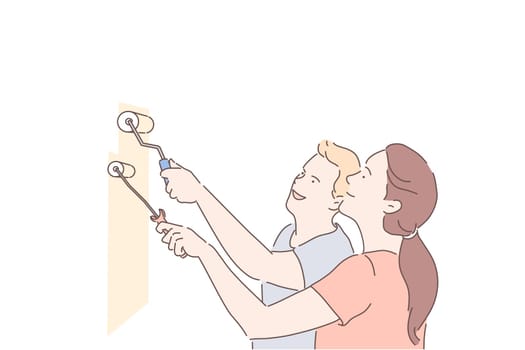 Repair, family, teamwork, painting concept. Young couple man and woman make repairs in new house or apartment together. Happy guy and girl lovers paint wall in room. Useful leisure, hobby. Flat vector