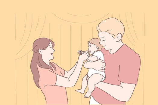 Family, parenthood, childhood, together concept. Young happy parents, man and woman rejoice in their firstborn child girl or boy. Mom and dad holding smiling baby. Adoption. Simple flat vector.