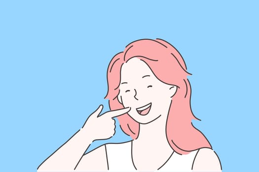 Satisfied stomatology client concept. Woman pointing at teeth with index finger, dental clinic patient happy with beaming smile after teeth whitening procedure. Simple flat vector
