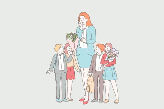 Teachers day celebration concept. Schoolchildren greeting impressed teacher, cheerful boys and girls with rucksacks giving flower bouquets to tutor. Simple flat vector