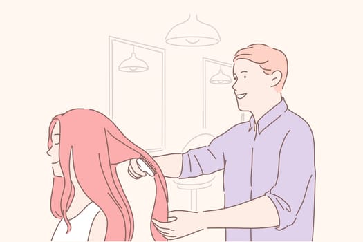 Beauty shop, haircare cut concept. Young professional hairdresser makeup artist combs client treats hair. competent employee in salon communicates with regular customer during work. Flat vector