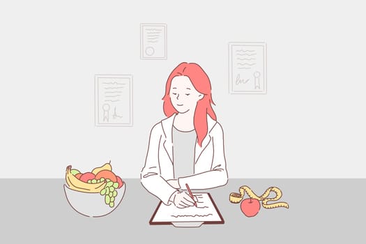 Balanced diet for weight control concept. Dietitian writing healthy nutrition plan including fresh fruits to daily menu, nutritionist prescribing vegetarian diet. Simple flat vector