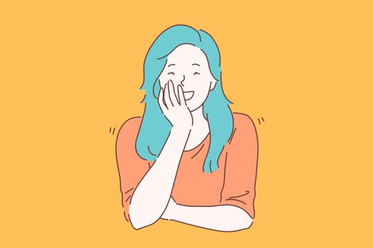 Laugh, joke, smile concept. Young joyous happy woman or girl with charisma laughs carefree. Smiling lady giggling closing her mouth with her hand out loud not hiding her emotions. Vector flat design.