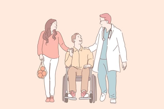 Disability, injury, health, support concept. Young man in wheelchair with his wife talking to physiotherapist. Positive prognosis, rehabilitation. Invalid guy and girl met with doctor. Flat vector.