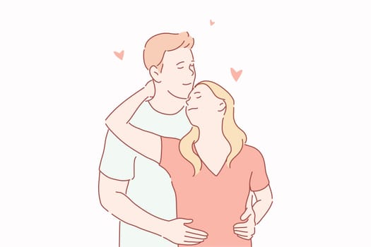 Love, newlyweds, family, sympathy concept. Young couple lover man and woman hugging, enjoying each other. Acquaintance of girl and guy, prelude of touch. Romantic satisfaction. Simple flat vector.
