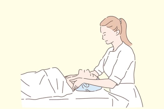 Massage, Spa treatment, health concept. Young competent therapist makes therapy female client. Happy girl gets pleasure from touch of professional doctor at reception. Relax comfort Simple flat vector