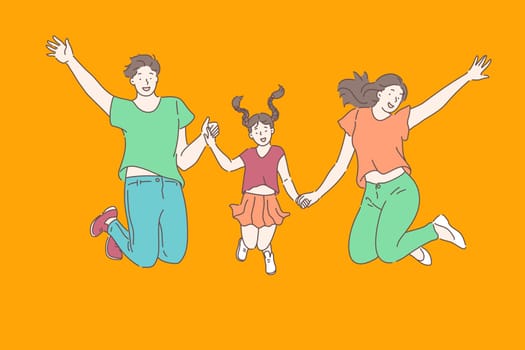 Family, relationships, leisure concept. Young happy mom dad and daughter in a good mood jumping on the trampoline holding hands. Close relationship celebration, delight. Vector flat design.