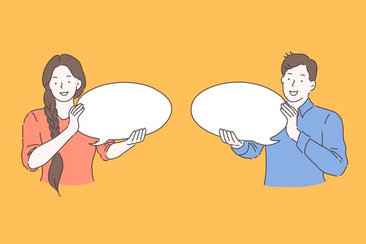 Speech bubble, advertising, communication concept. Young happy smiling man and woman couple, holding thought bubble, are chatting. Guy and girl teenagers promote their ideas. Vector flat design.