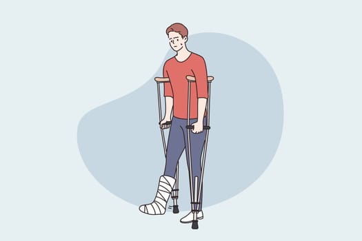 Disability and health problem concept. Young Disabled person man standing with crutches, having gypsum bandage with fracture vector illustration