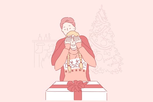 Christmas, surprise, family concept. Young man prepared a gift to his girlfriend closed her eyes with his hands for Christmas or new year at home. Loving couple. Vector flat design.