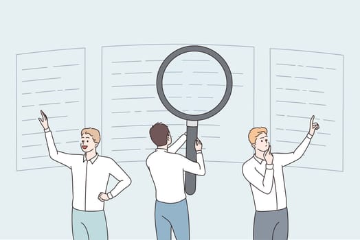 Search engine optimization for business sketch. Business people looking in details at business indicators analyzing information data vector illustration