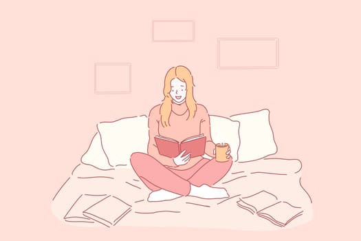Hobby, leisure, comfort concept. Young happy woman or girl in a good mood reading a book in the cosiness of drinking tea, coffee. Sweet lady is getting ready for the exam, relax at bedroom. Flat