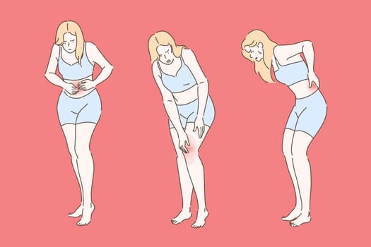 Woman twisted with painful periods concept. Girl suffering from painful knee joint inflammation, young lady bending with back and abdomen pain set. Simple flat vector