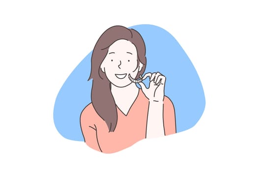 Oral cavity homecare, teeth whitening concept. Smiling girl using dental whitener, young woman holding individual stomatological tooth bleaching tray. Simple flat vector