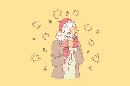 Enjoying autumn weather concept. Young blonde girl holding yellow leaves bunch, elegant lady in red gloves, beret and warm jacket playing with maple leaf. Simple flat vector