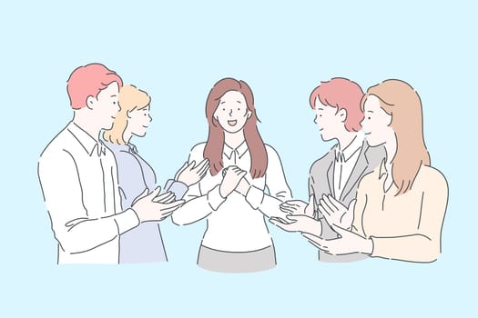 Business, career, win concept. Young happy happy woman or girl businesswoman receives congratulations from their colleagues in the office. Lady clerk got a promotion. Vector flat design