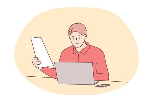 Business, work, online, freelance, recruitment concept. Man manager freelancer cartoon character working on laptop at office holding report or resume. Remote job at home web consultation illustration.