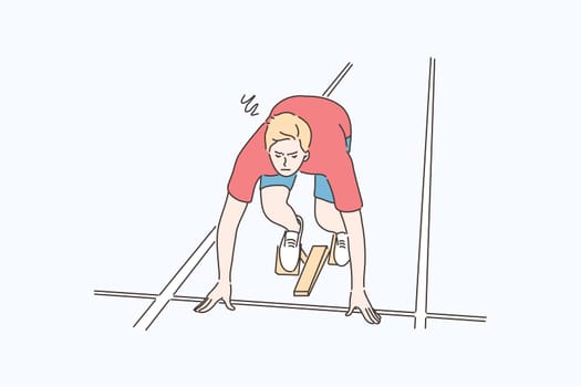 Competition, challenge, athletics, start, sport concept. Young confident focused man runner contender atlete cartoon character ready for race beginning. Preparation for marathon sprint illustration.