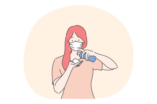 Healthcare, quarantine, protection, coronavirus concept. Young woman with medical face mask pouring antiseptic on hands. Preventive measures from covid19 disease and 2019ncov infection illustration.