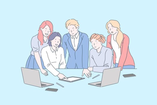 Positive workplace environment, business meeting concept. Coworkers discussing company project with laptops, colleagues watching presentation on tablet. Simple flat vector