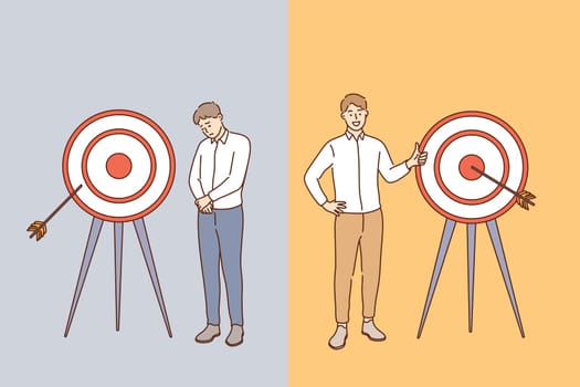 Business success and failure concept. Young smiling positive and sad disappointed businessmen cartoon characters standing near crossbow feeling different about reaching goals vector illustration