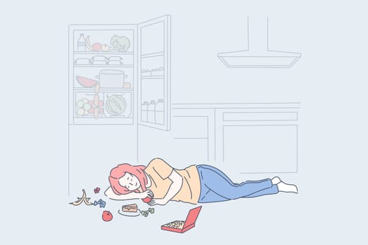Diet end, cheat meal day concept. Woman eating tasty nutritious food lying on floor near open fridge, young girl enjoying candies, cake piece, sweet fruits. Simple flat vector