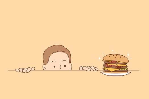 Overeating, nutrition, hunger concept. Funny hungry man cartoon character looking at tasty burger on table striving to eat it all vector illustration