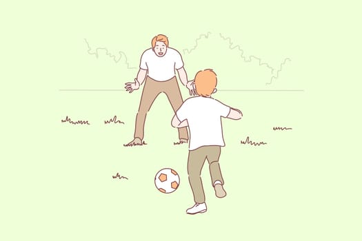 Sport, football, family, fatherhood, childhood concept. Cartoon characters young man father playing football with boy child kid in park. Outdoor holiday recreation and active lifestyle leisure time.