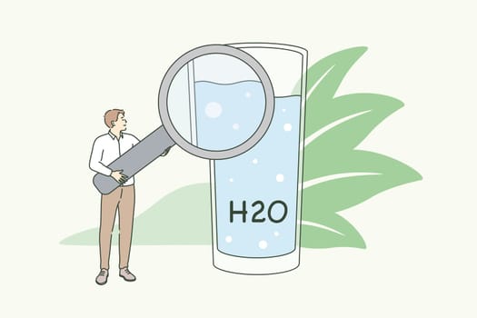 Clear drinking water and lifestyle concept. Small man standing holding magnifying glass with glass of water and formula for healthy lifestyle vector illustration