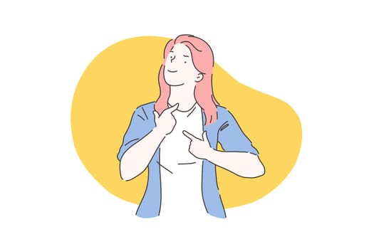 Successful lady self-esteem, girl power concept. Confident young woman pointing at herself with pride and satisfaction gesture, female thyroid health awareness. Simple flat vector