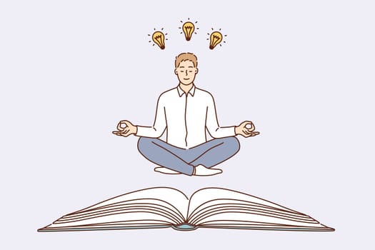 Having creative business idea concept. Young caucasian positive calm businessman cartoon character sitting on floor meditating with great ideas in head and light bulbs above vector illustration