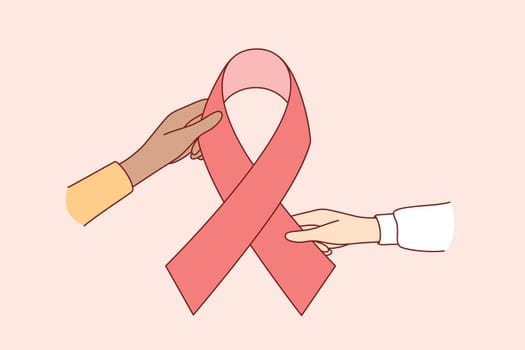 National Breast Cancer Awareness concept. Human Hands holding red ribbon as symbol of Breast Cancer Awareness vector illustration
