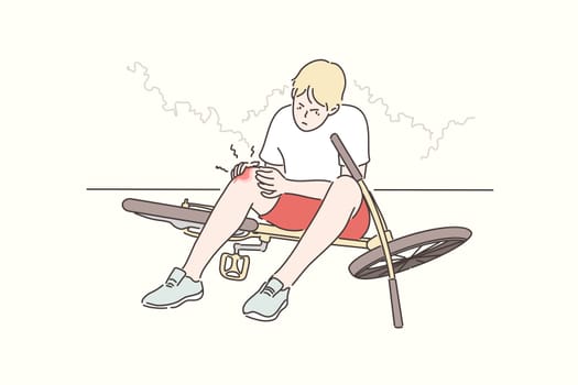 Trauma, sport, cycling, pain, anger concept. Young sad angry boy teenager cartoon character fell down from bike and got injured knee painfully. Summer holiday recreation active lifestyle illustration.