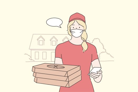 Food delivery, quarantine, coronavirus infection, concept. Young woman supplier cartoon character stands with pizza in medical face mask. Home food delivery on 2019ncov isolation and covid19 desease.