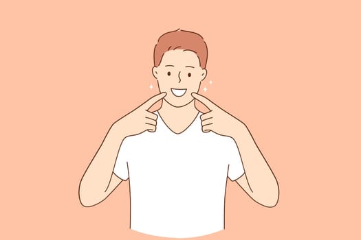 Dental health and hygiene concept. Young smiling handsome man in casual clothes standing smiling cheerful showing healthy white teeth and mouth vector illustration