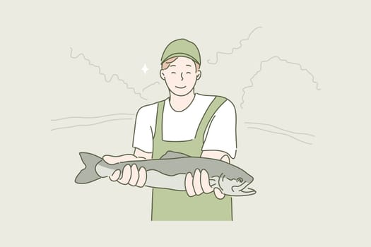 Hobby, fishing, caught concept. Young happy smiling boy angler fisherman cartoon character showing catch and loking straight at camera. Summer holiday recreation and active lifestyle illustration.