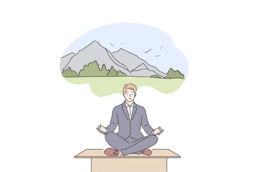 Dream, yoga, relax, business concept. Young businessman leader sits on work table does yoga in office, thinks about mountains Recreation after work process stress relief using meditation illustration.
