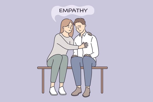 Empathy and Compassion, understanding concept. Young woman sitting and embracing sad depressed man feeling empathy feeling bad together vector illustration