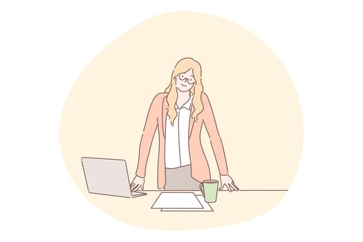 Businesswoman in office concept. Secretary business person woman employee clerk manager chief leader character posing in office workplace. Company job recruiting invitation cartoon vector illustration