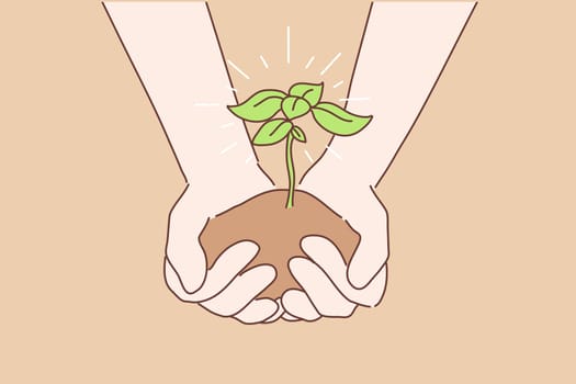 Greening, ecology, earth day concept. Human hands palms holding and passing young plant or sapling. Nature protection and enviromental friendly care or new life symbol vector cartoon illustration.