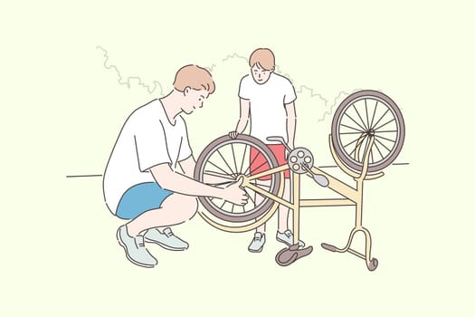 Fatherhood, cycling, childhood, repair concept. Cartoon characters young man father helps boy kid son teenager repairing bike wheel. Family care and active summer recreation lifestyle illustration.