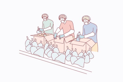 Coronavirus, medical help concept. Team of young men cartoon characters in medical face masks preparing delivery food supplies together. Health service during 2019ncov infection or covid19 desease.