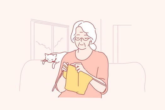 Hobby, knitting, concept. Happy mature smiling old woman grandmother pensioner senior citizen sitting on couch living room at home and crocheting. Leisure time rest relaxation at weekend illustration.