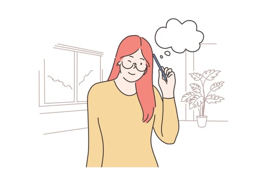 Thinking, idea, problem, search concept. Young smiling thoughtful woman girl cartoon character thinking about decision or dreaming. Searching for idea, problem or trouble solution or brainstorming.
