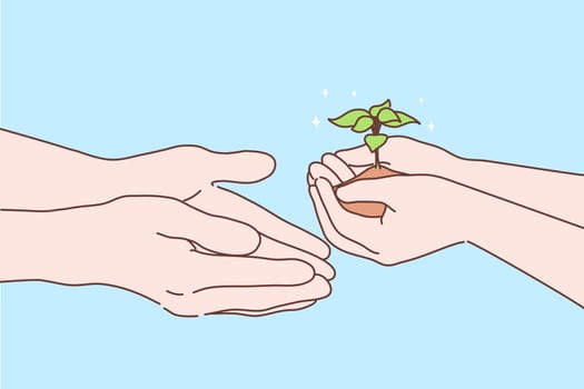 Greening, gardening, agriculture concept. Human hands palms holding and passing little sprout or sapling to other. Earth protection and enviromental care or new life symbol vector cartoon illustration