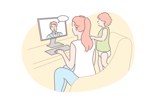 Family, video conference, communication concept. Cartoon character young woman mother with child kid baby daughter communicate chatting talking with man father online. Remote conversation illustration