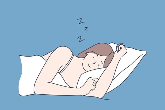 Sleep, rest, dream concept. Young serene tired calm smiling woman or girl cartoon character sleeping lying on bed at room home and taking nap. Resting time and comfortable relaxation illustration.