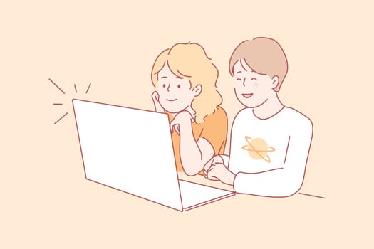 Children watching videos concept. Young happy captivated boy girl brother sister cartoon character sitting together and looking kids shows at laptop. Childish leisure time and lifestyle illustration.