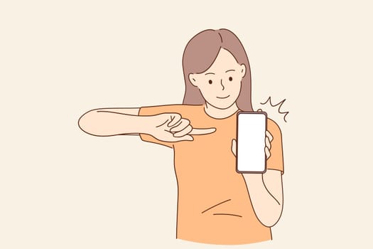 Copy space, technology concept. Young smiling girl cartoon character sitting pointing with finger at mobile phone with blank white screen vector illustration