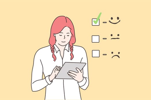 Customer assessment, business concept. Young happy smiling businesswoman cartoon character giving excellent rating for online survey on tablet. Marketing research and client experience illustration.